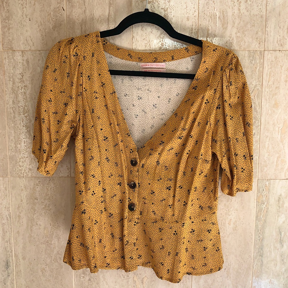 Urban Outfitters Floral Button-Front Plunge Blouse (Medium)